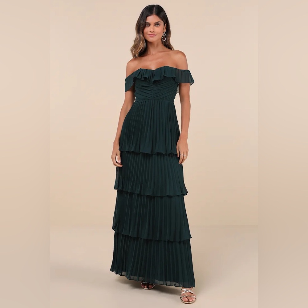 Lulu’s Always Remarkable Emerald Pleated Off-Shoulder Maxi Dress NWOT L 10/12